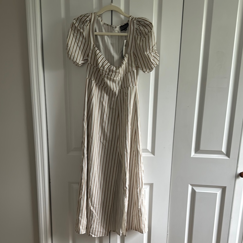 DANIELLE BERNSTEIN Tan and White Puff Sleeve Maxi Sundress